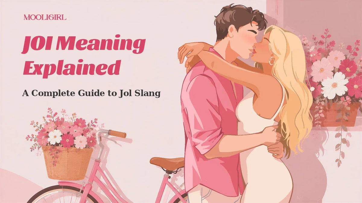 Illustrated blog cover featuring an embracing couple, pink bicycle and flowers, with headline "JOI Meaning Explained, A Complete Guide to Jol Slang".