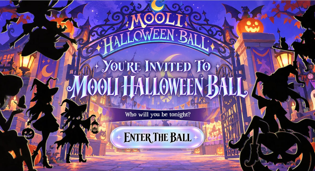 Mooli Halloween Ball invitation with a spooky Halloween town and character silhouettes.