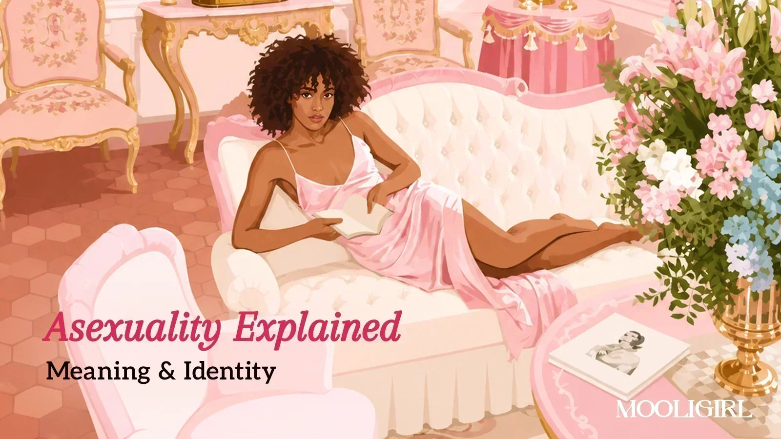 Blog cover illustration titled Asexuality Explained: Meaning & Identity, artwork of a Black woman in pink loungewear relaxing on a cream sofa, soft pastel vintage room with flowers.