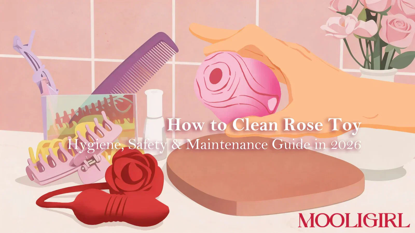 Rose Toy cleaning guide cover showing a rose vibrator, cleaning supplies, and hygiene tips for safe maintenance