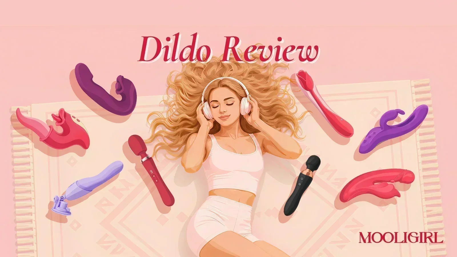 Blog cover illustration titled Dildo Review, young woman with headphones relaxing, surrounded by colorful adult wellness products, soft pink background.