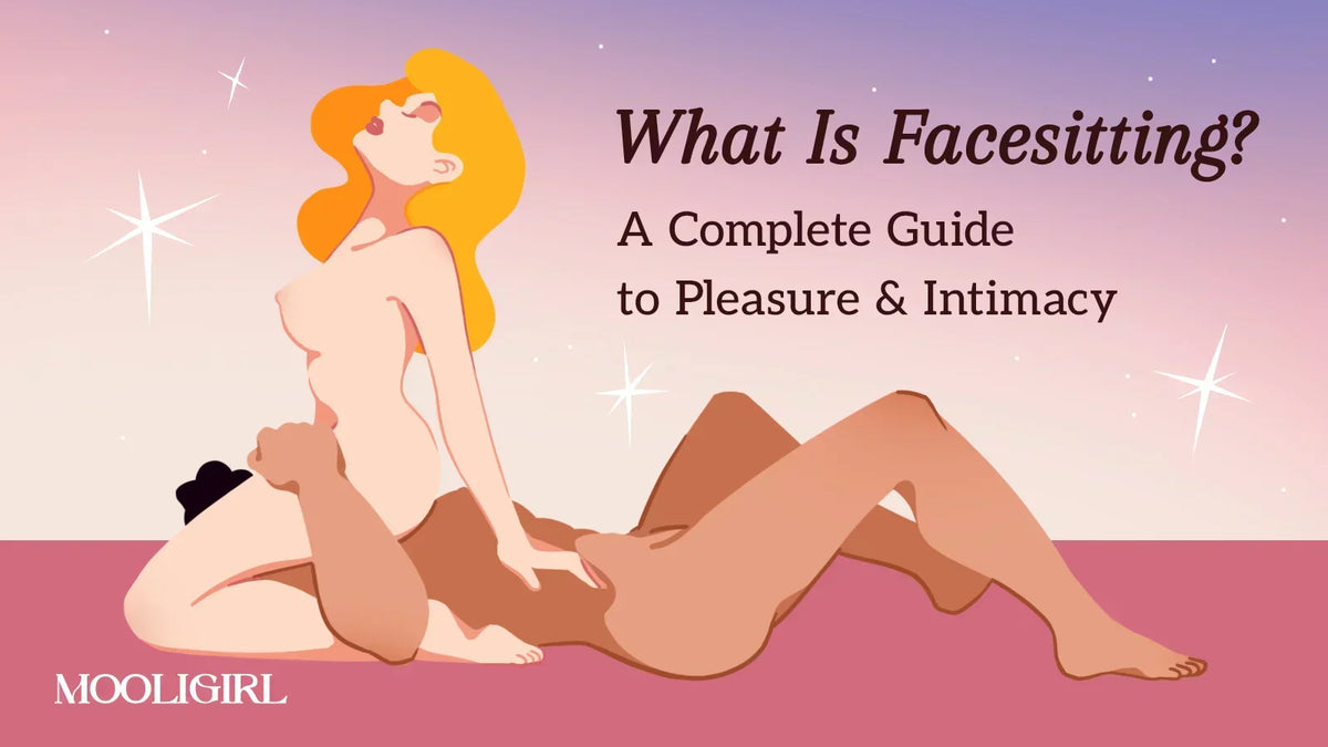 Facesitting guide illustration showing an intimate couple on a pink background with the title "What Is Facesitting? A Complete Guide to Pleasure & Intimacy.