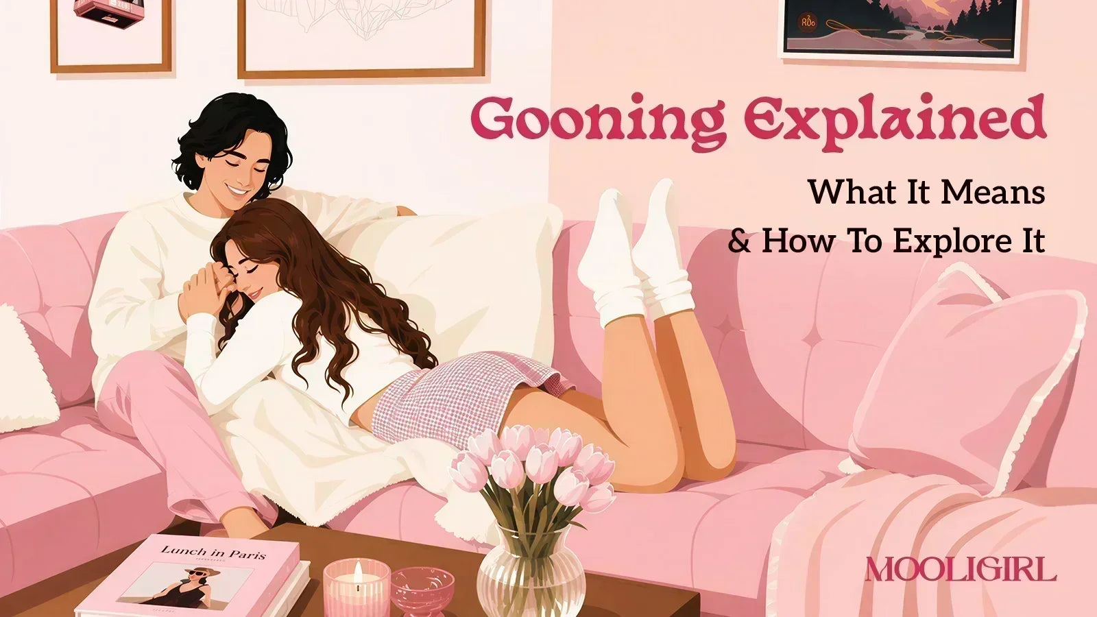 Blog cover illustration of a couple relaxing on pink sofa, title text: Gooning Explained: What It Means & How To Explore It