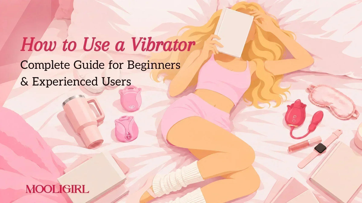 Woman relaxing on a bed with different vibrators