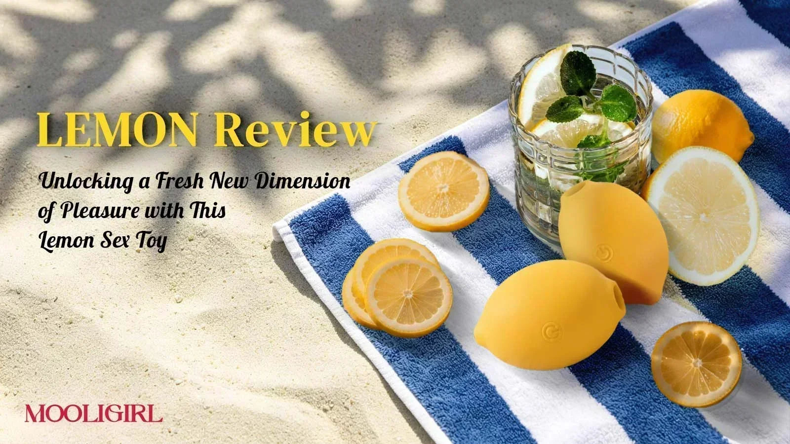 Blog cover for LEMON Review, fresh summer lemon aesthetic with whole and sliced lemons, glass drink jar on blue-white striped cloth, sunny beach background.