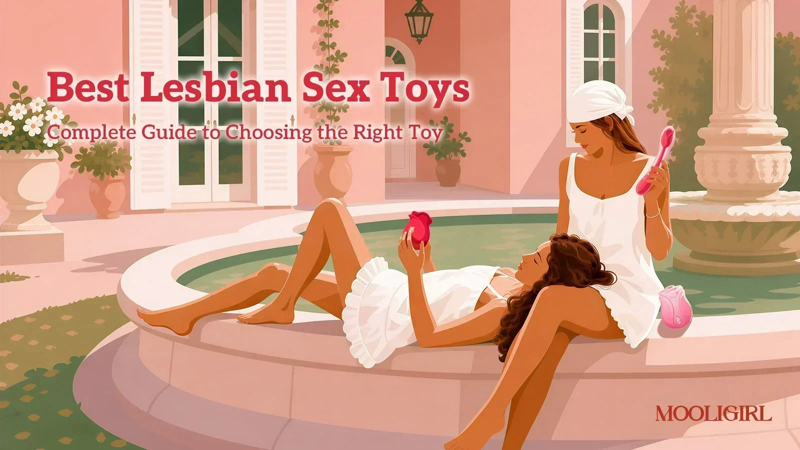 Illustration of two women relaxing beside an outdoor fountain, exploring intimate wellness toys