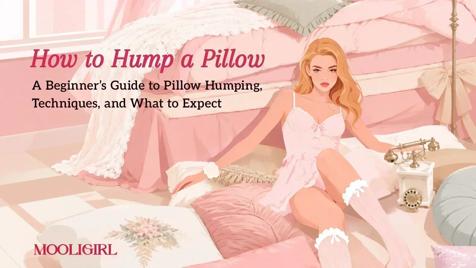 Blog cover illustration titled How to Hump a Pillow, blonde woman in lacy sleepwear relaxing on soft pink vintage-style bed.
