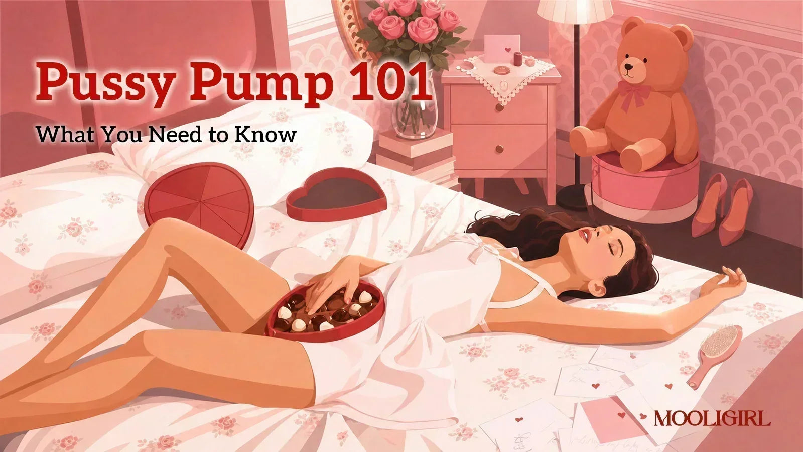 Blog cover illustration: A woman lying relaxing on a cozy bedroom bed, headline "Pussy Pump 101: What You Need to Know"