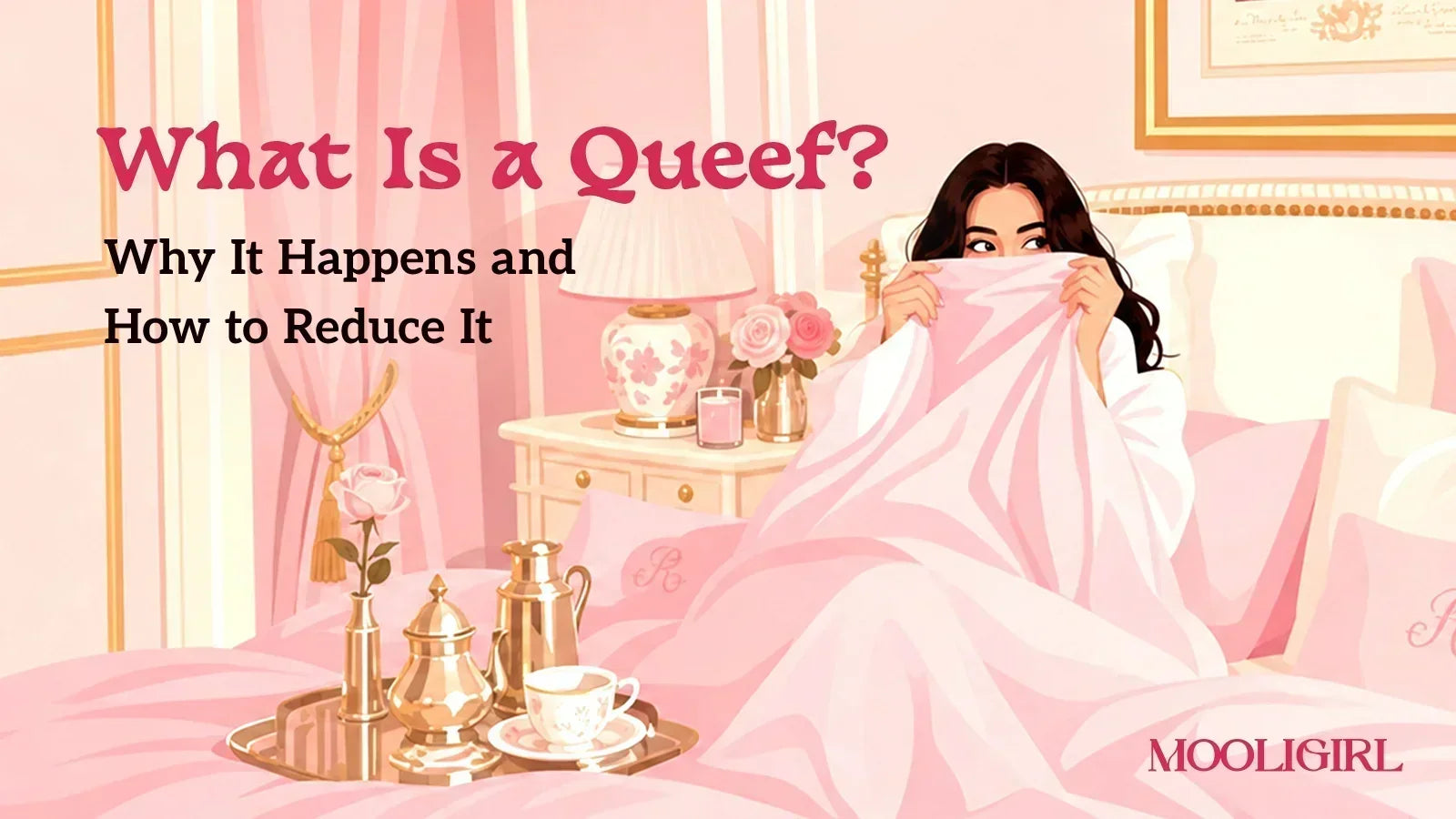 Illustration explaining what is a queef, showing a woman in bed with the title “What Is a Queef? Why It Happens and How to Reduce It”