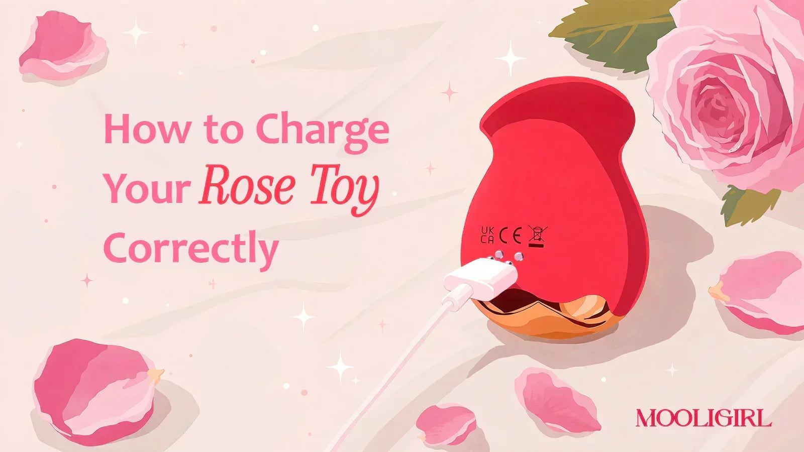 Red Rose Toy connected to a charging cable with the text "How to Charge Your Rose Toy Correctly" on a floral background.