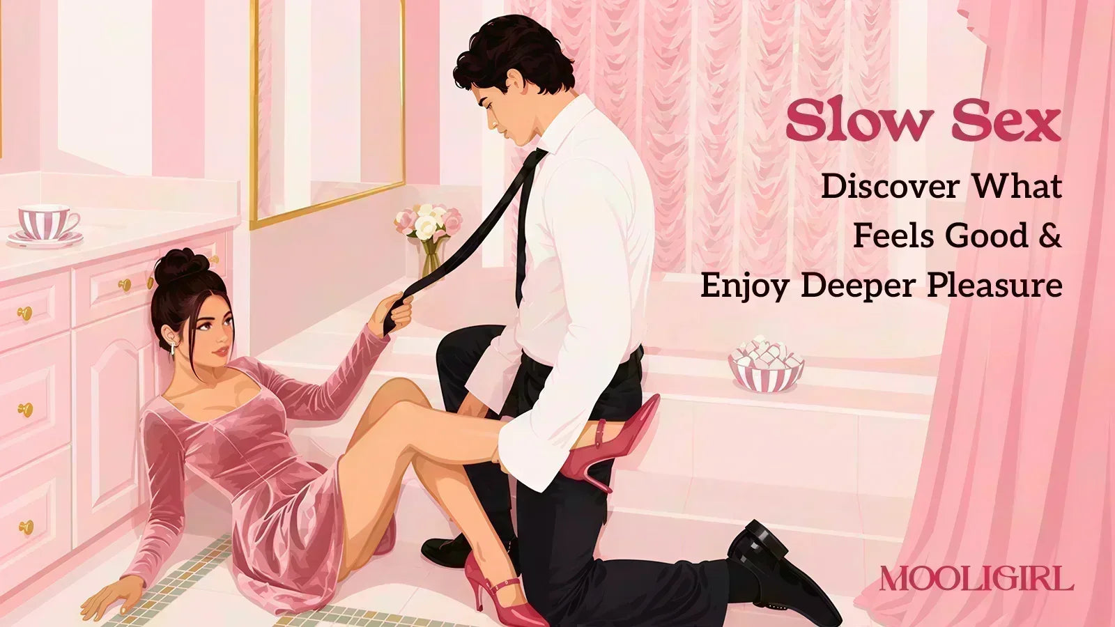Blog cover illustration titled Slow Sex: Discover What Feels Good & Enjoy Deeper Pleasure, romantic couple artwork in soft pink bedroom setting