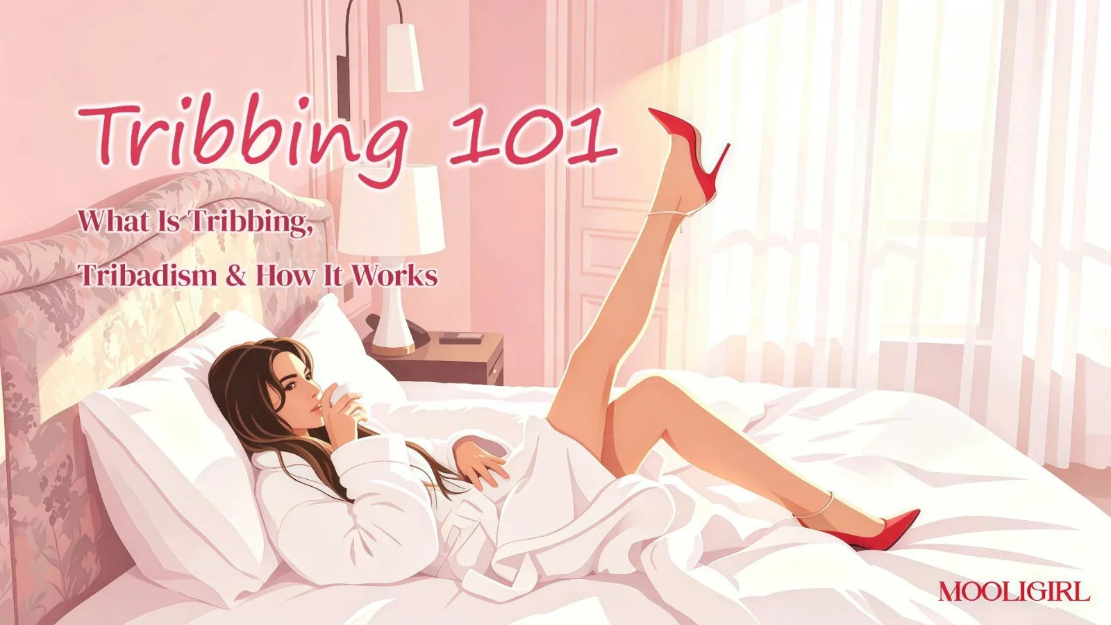 Blog cover illustration titled Tribbing 101, illustrated woman in white robe and red heels relaxing on a bed, soft pink bedroom aesthetic.