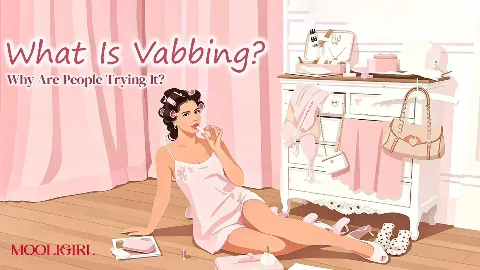Blog cover illustration titled What Is Vabbing? Why Are People Trying It?, a woman in nightgown relaxing in pink cozy bedroom.
