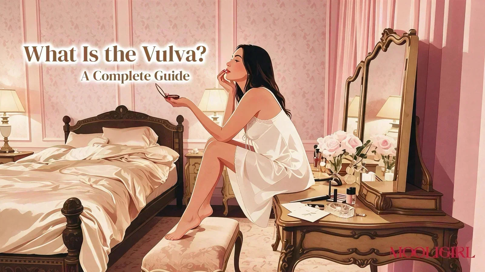 Blog cover illustration titled What Is the Vulva? A Complete Guide, woman in white nightgown sits in vintage pink bedroom.