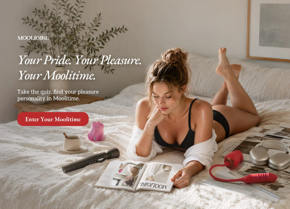 MOOLIGIRL Moolitime personality quiz banner, cozy bedroom lifestyle shot with assorted intimate toys, slogan and red entry button.