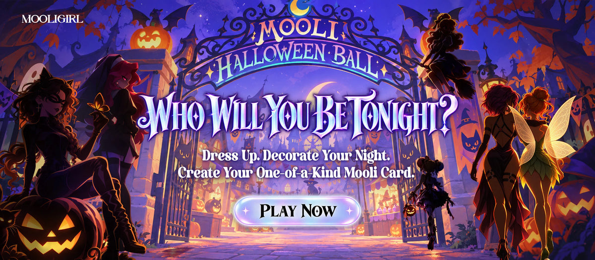 Mooligirl Mooli Halloween Ball banner, Who Will You Be Tonight? Halloween dress up game, create custom Mooli card, spooky Halloween illustration with pumpkins, witches and fairies, Play Now button