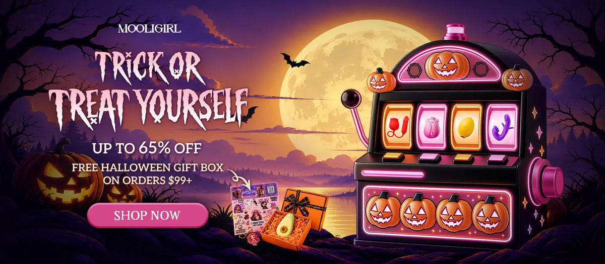 Mooligirl Halloween sale banner, Trick or Treat Yourself, up to 65% off, free Halloween gift box on orders $99+, slot machine with adult toys, jack-o'-lanterns, full moon and bats background, shop now button
