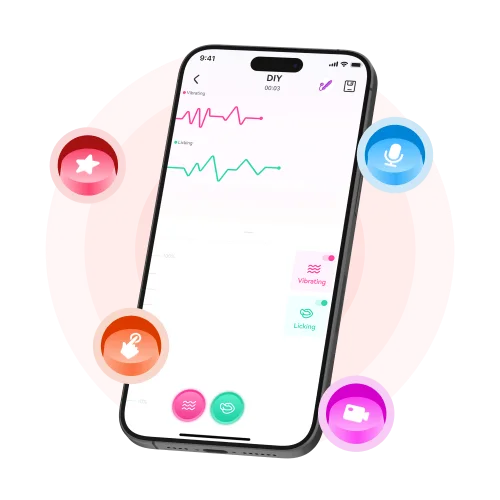A smartphone displaying the MOOLIGIRL app's DIY vibration pattern interface, with colorful control icons around the screen.