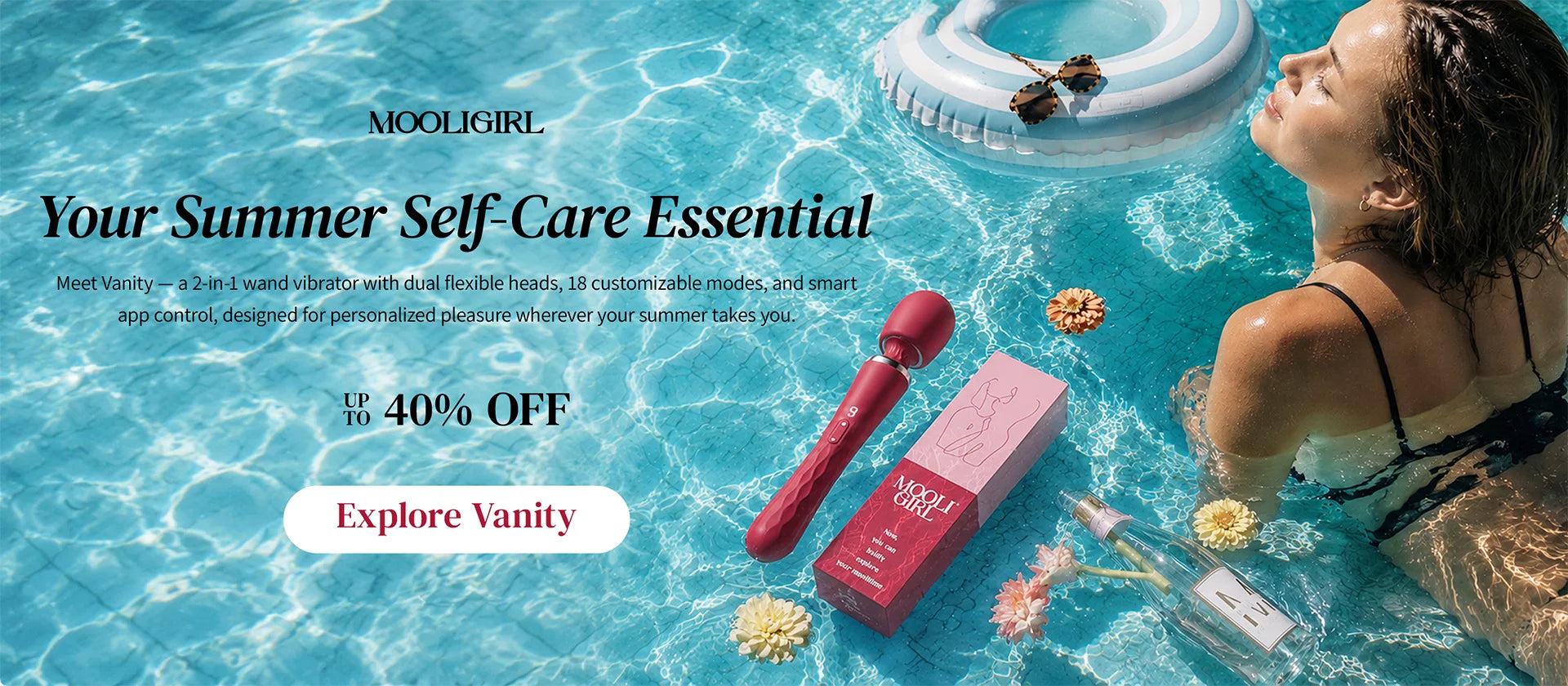 MOOLIGIRL Vanity 2-in-1 wand vibrator summer horizontal PC banner, clear swimming pool scene, relaxed woman in swimsuit, red Vanity massager and product box on water. Headline "Your Summer Self-Care Essential", product feature text, up to 40% off promotion, white "Explore Vanity" CTA button
