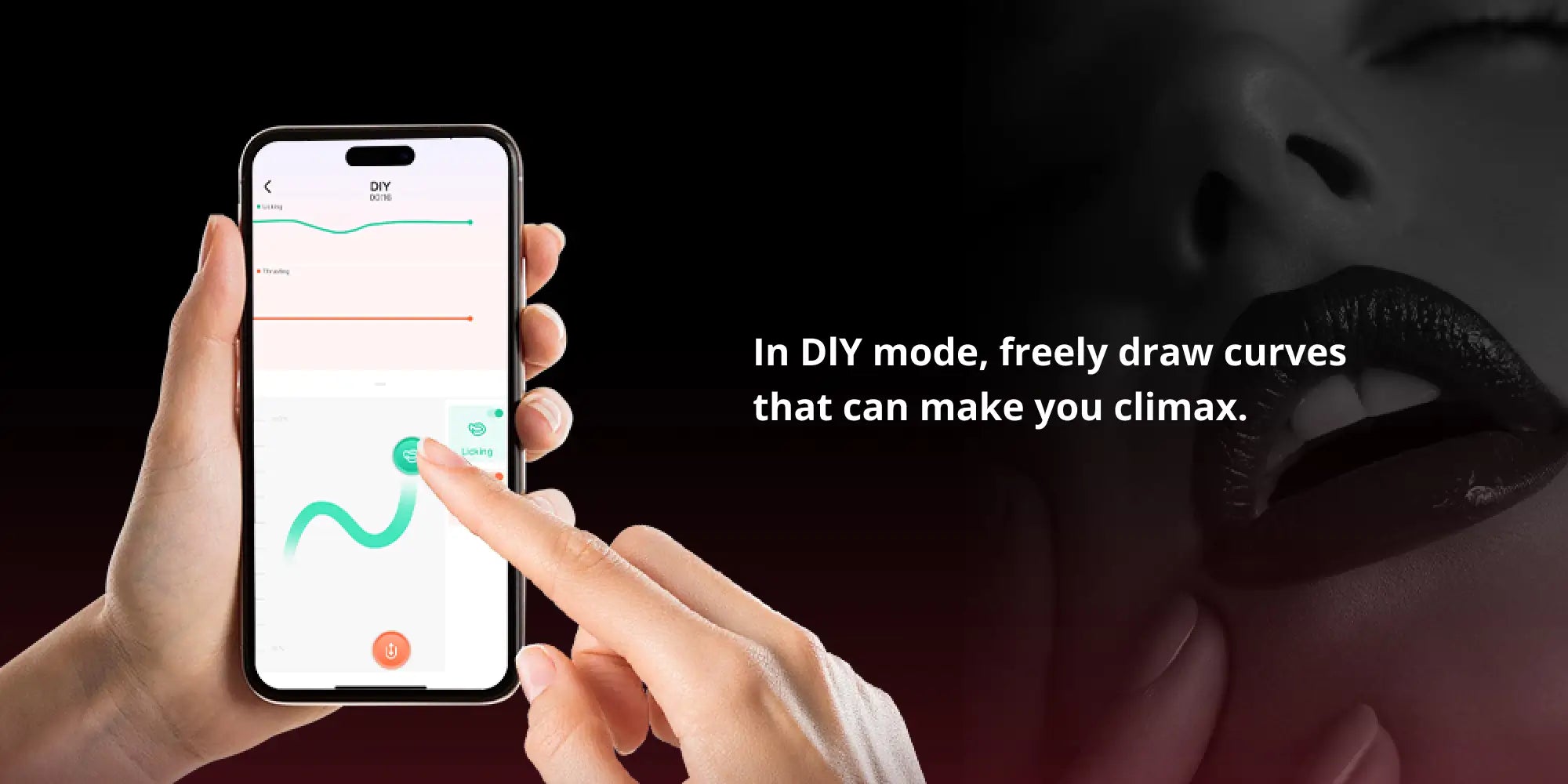 A close-up of hands using a smartphone to draw custom vibration curves in the app's DIY mode, with text stating "In DIY mode, freely draw curves that can make you climax." against a dark background