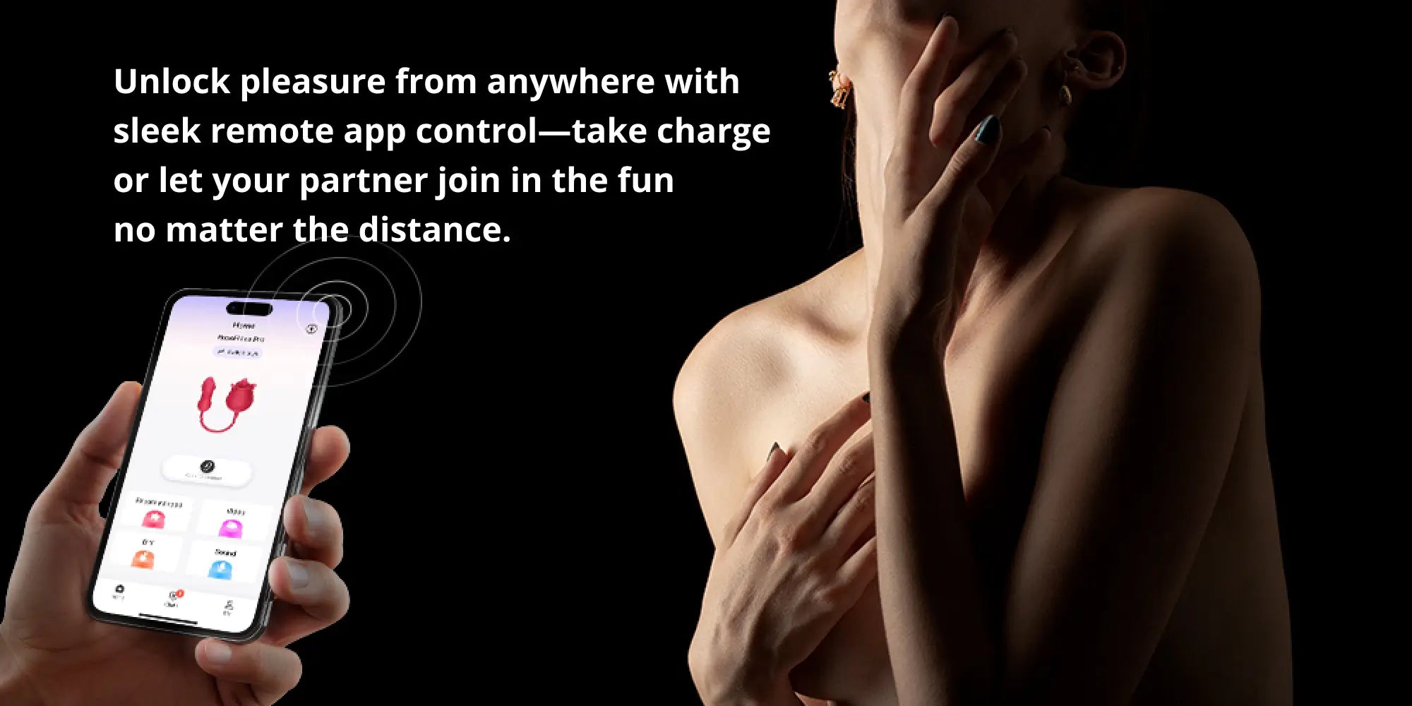 A woman tilts her head back in pleasure, while a hand holds a smartphone showing the Joyhub app interface. The banner text reads: "Unlock pleasure from anywhere with sleek remote app control—take charge or let your partner join in the fun no matter the distance."