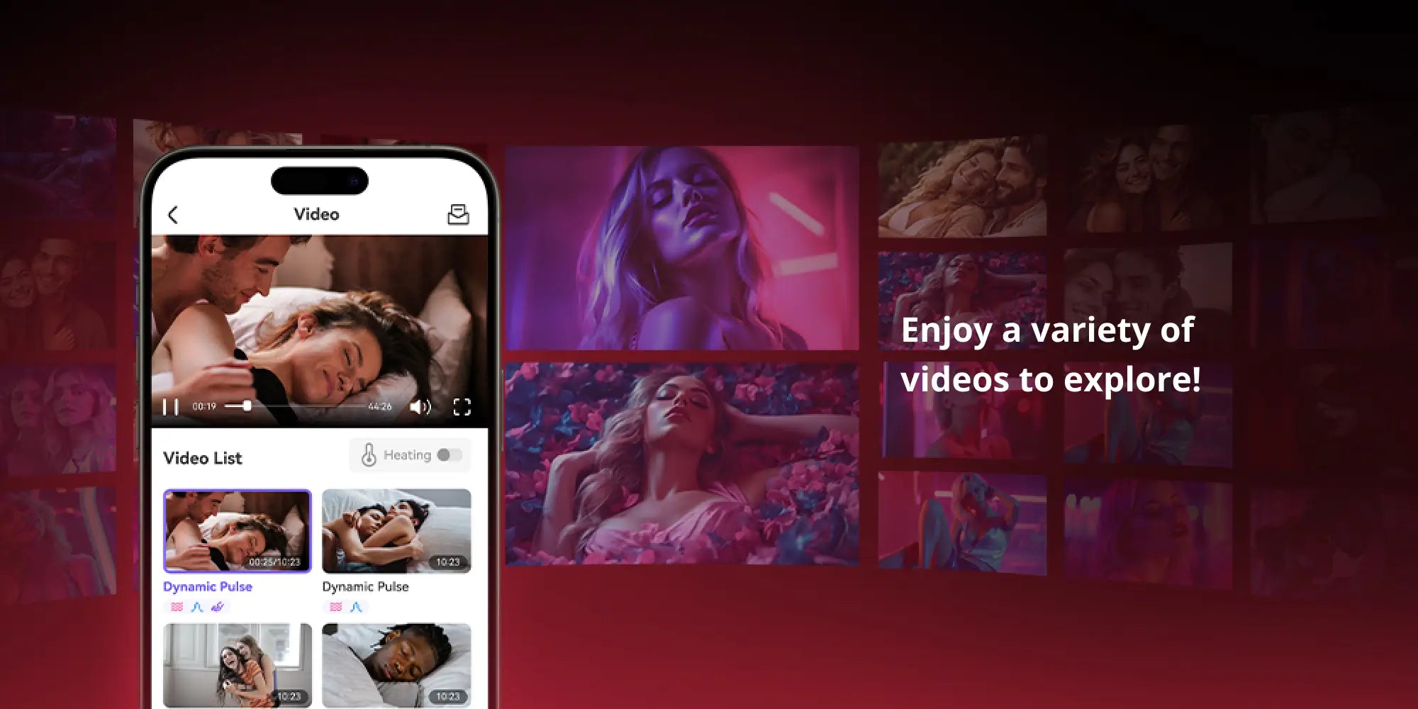 A smartphone displaying an app interface with a video player, video list (including "Dynamic Pulse" content), and a "Heating" toggle, with the text "Enjoy a variety of videos to explore!" in the background.