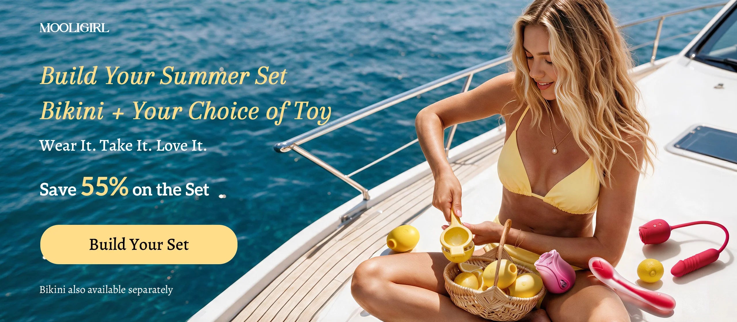 Mooligirl summer promotion banner, woman in yellow bikini on yacht, build your summer set bikini plus toy, save 55% off bundle, ocean yacht summer lifestyle