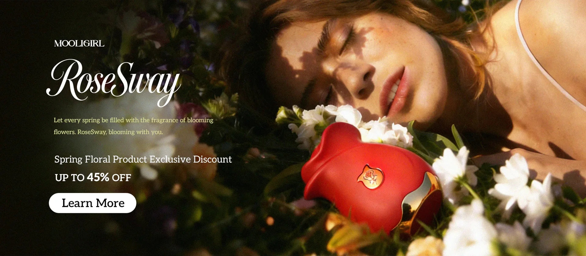 MOOLIGIRL RoseSway spring sale banner. A serene woman lies among flowers with a red RoseSway intimate toy, text includes "blooming with you", "Spring Floral Product Exclusive Discount", "UP TO 45% OFF" and "Learn More".