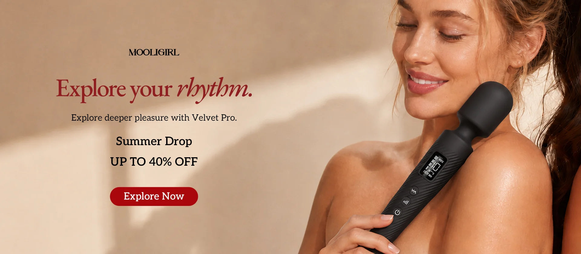 MOOLIGIRL Velvet Pro product banner featuring a woman holding the black wand massager, with promotional text "Explore your rhythm. Explore deeper pleasure with Velvet Pro. Summer Drop UP TO 40% OFF" and a red "Explore Now" button, set against a warm beige background