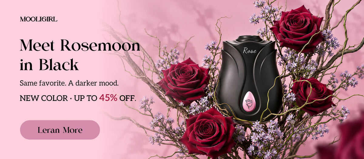 Mooligirl Rosemoon in Black new color launch banner, black rose toy surrounded by deep red roses on pink background, up to 45% off promotional banner