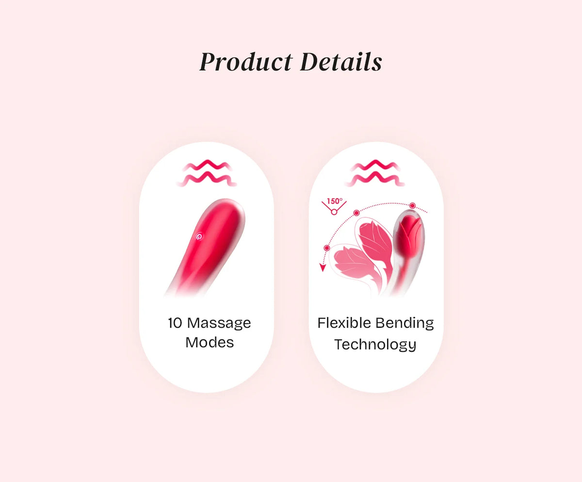 Close-up of RoseWand vibrator showing 10 vibration modes and up to 150-degree flexible bending design for personalized stimulation angles.