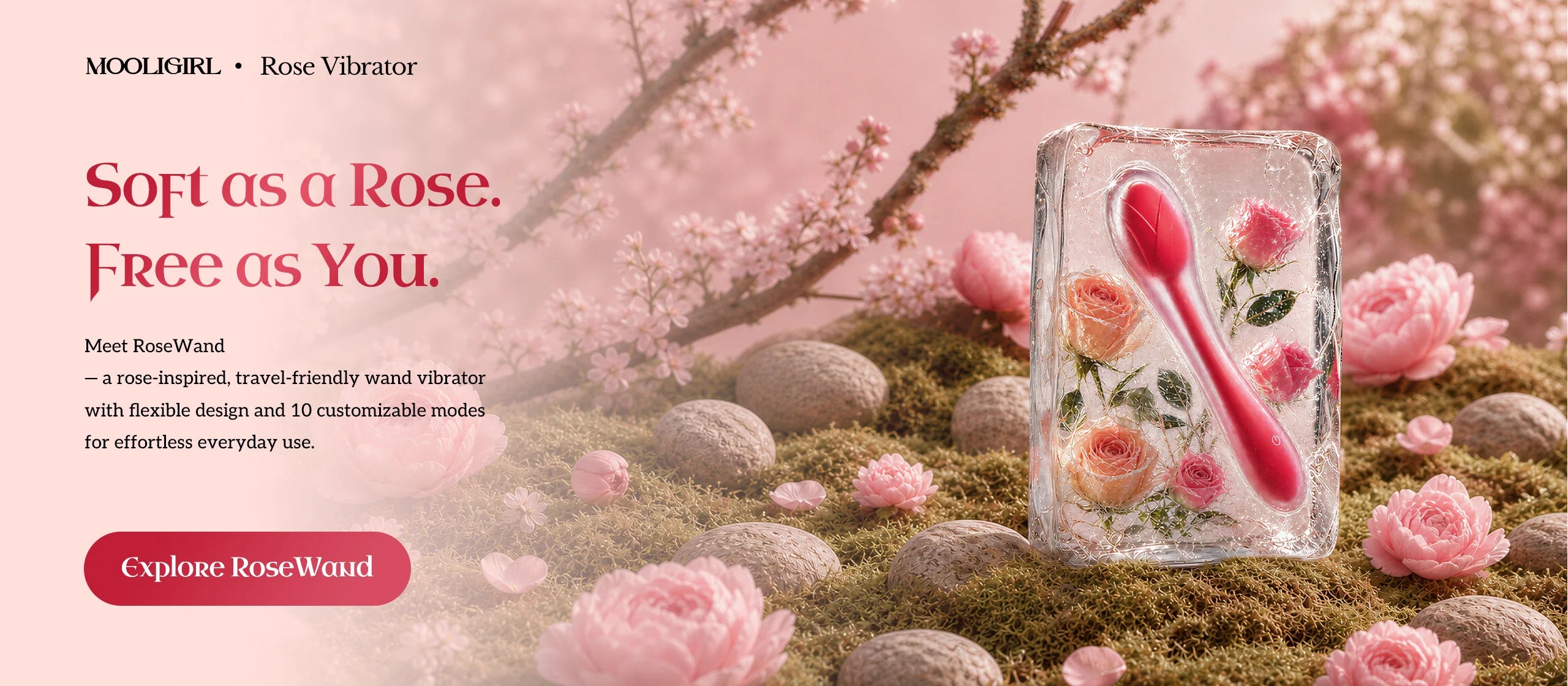 MOOLIGIRL RoseWand rose vibrator horizontal product banner, pink spring moss and flower scene, red rose-shaped toy sealed in transparent ice cube, headline slogan, product feature text and red "Explore RoseWand" CTA button at bottom left