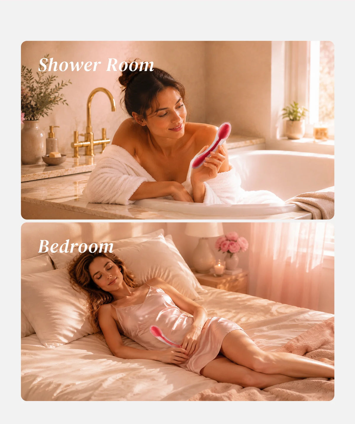 RoseWand Frozen Rose vibrator shown in bathroom and bedroom environments emphasizing waterproof and discreet lifestyle-friendly design.