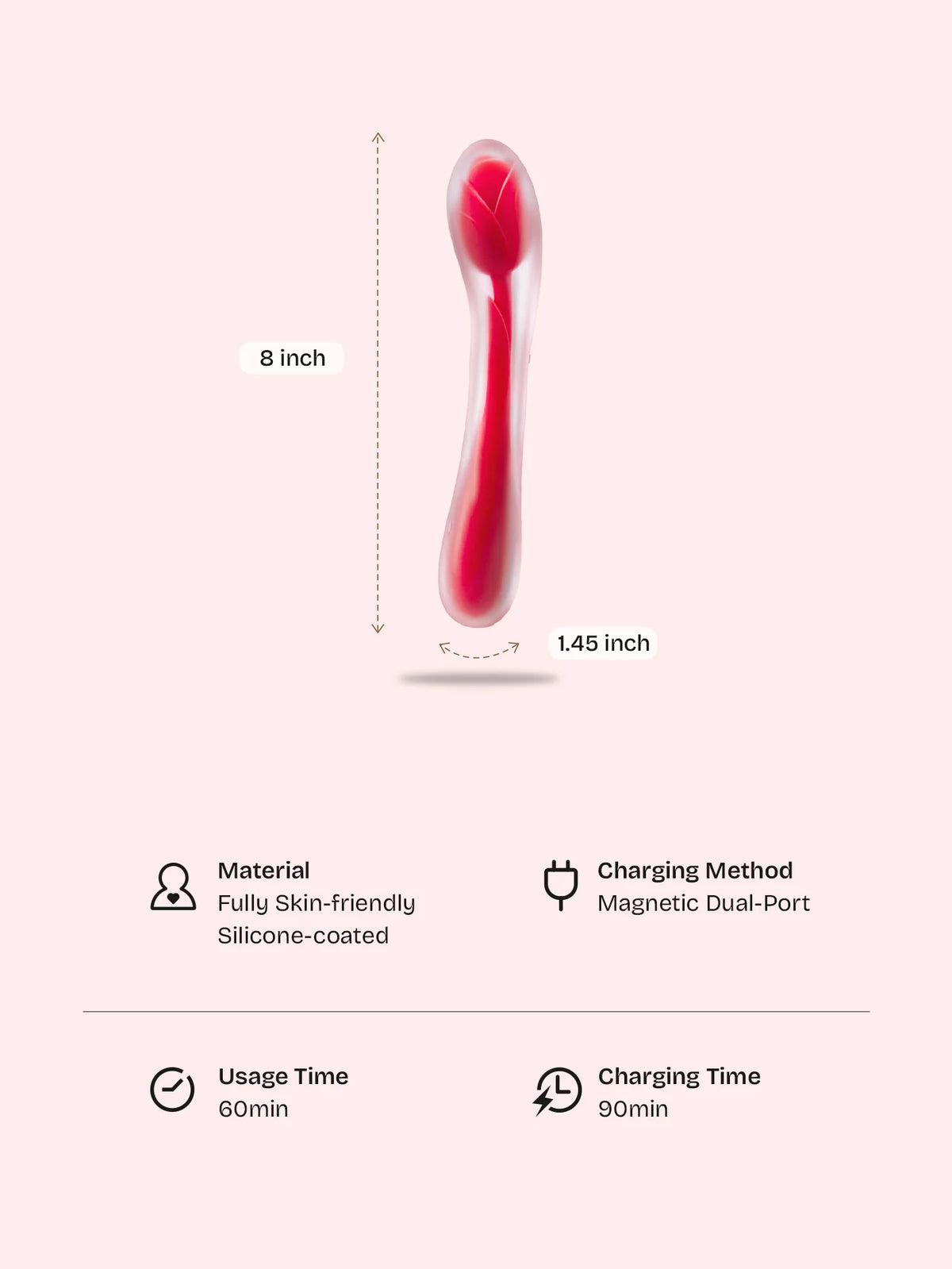 RoseWand vibrator size and material overview showing compact 8-inch design, skin-friendly silicone, and magnetic charging system.