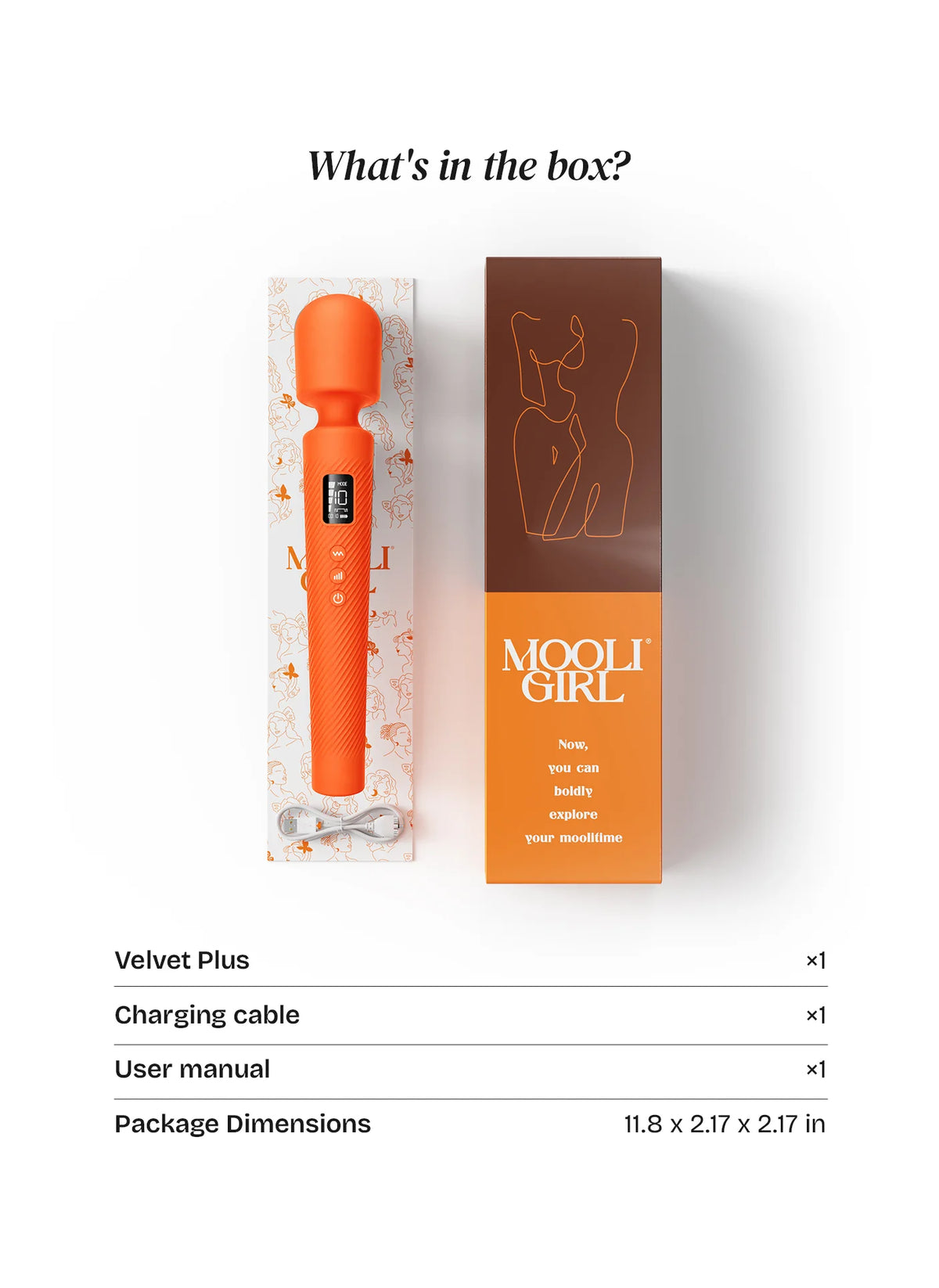 Mooligirl Velvet Plus wand vibrator packaging with the included product and accessories in a discreet, elegant presentation.