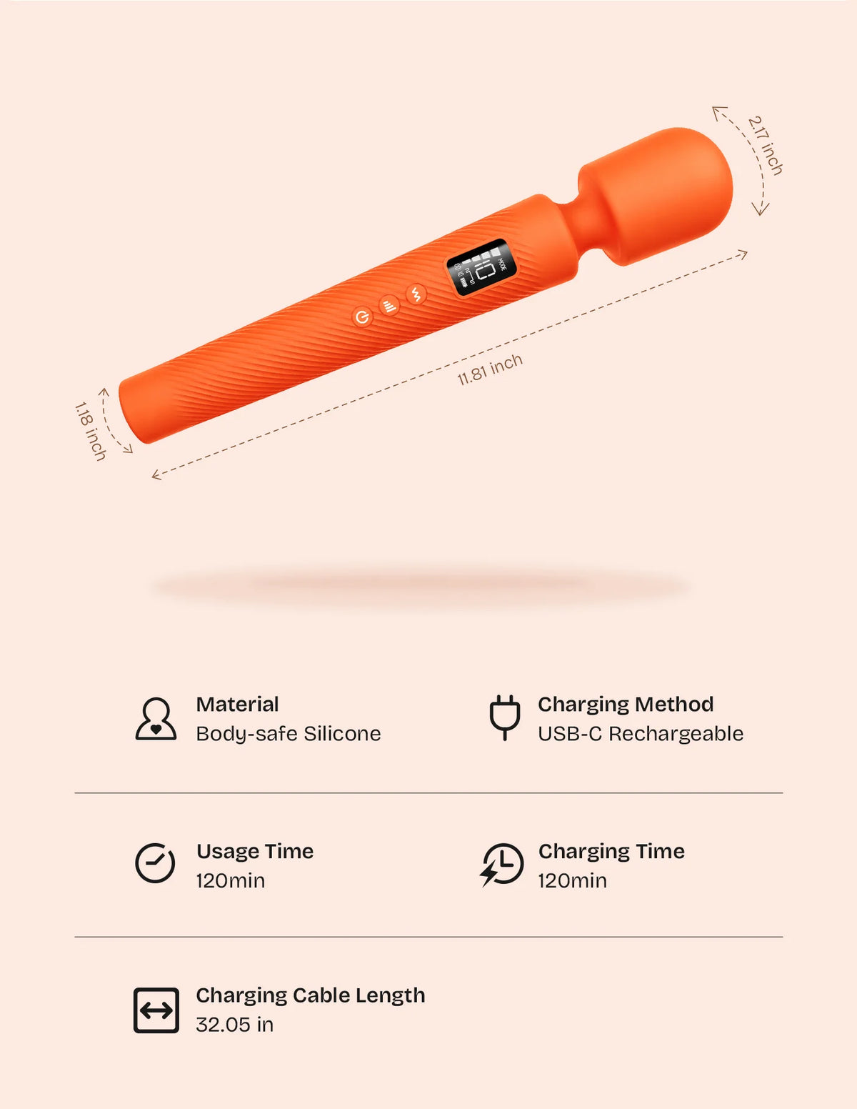 Mooligirl Velvet Plus wand vibrator size and feature overview showing body-safe silicone, waterproof protection, quiet performance, and flexible design.