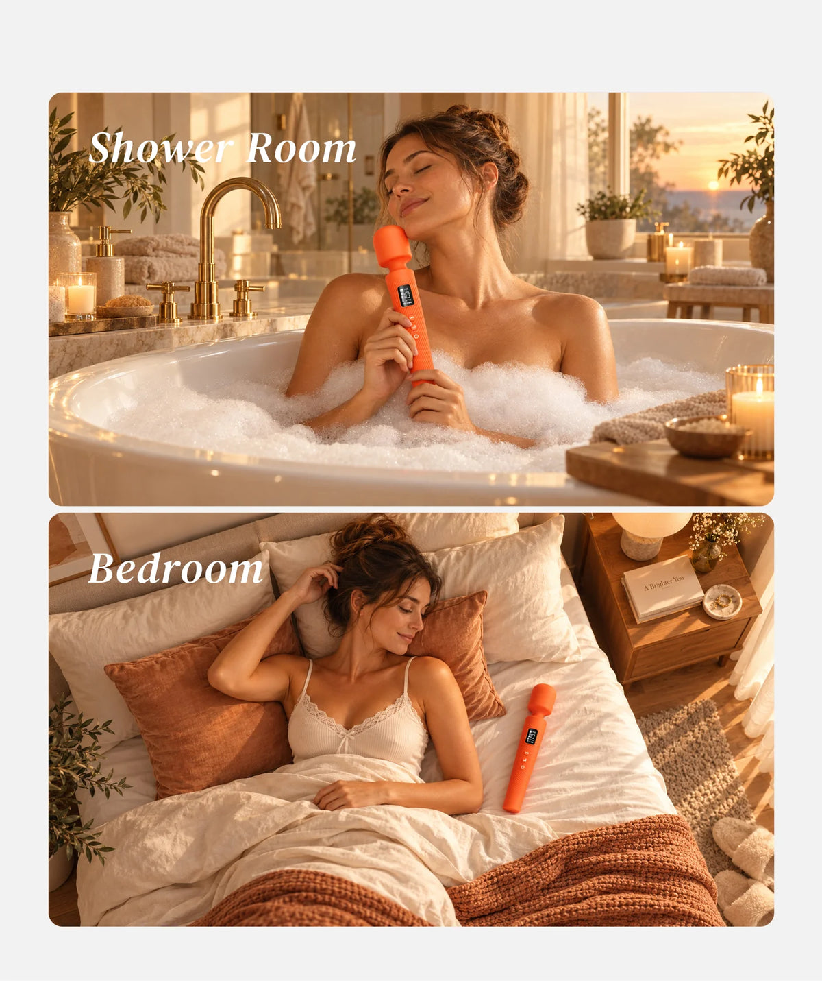 Mooligirl Velvet Plus wand vibrator featured in an elegant self-care setting, highlighting its quiet, cordless, and flexible design.